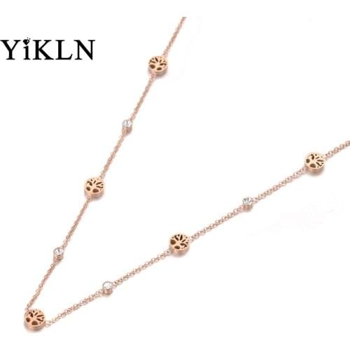 YiKLN Trendy Rose Gold Stainless Steel Plant Tree CZ Crystal Choker Necklace Bohemia Pendant Chain Necklace For Women YN19123