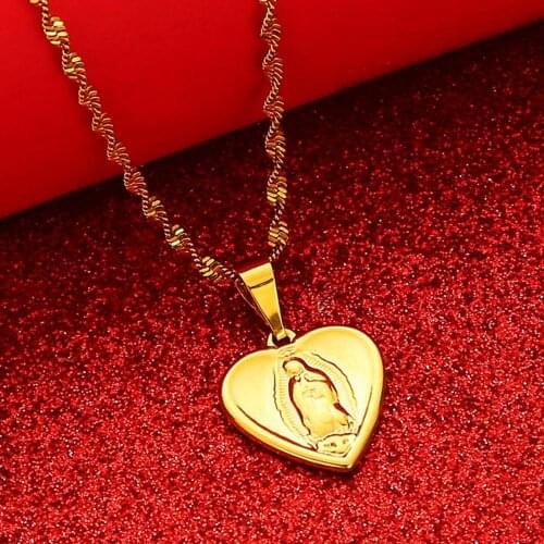 Virgin Mary Heart Necklaces for Women Gold Color Pendant Nun Jewelry Catholic Religion Gift