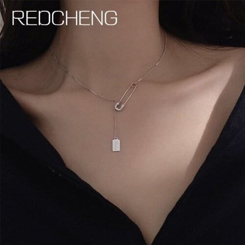 REDCHENG 925 Sterling Silver Lucky Square Card Necklaces for Women Trendy Pin Design Irregular Pattern Wedding Jewelry Gifts
