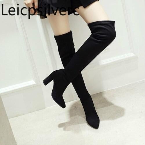 Womens Boots winter new style fashion Flock Slip-On Pointed Thick heel High heel Womens Over the knee boots plus size 32-46