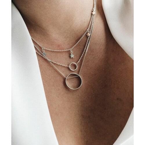 Silver Color Stars Circle Pendants Necklaces for Women Clavicle Chain Short Layered Necklace Female 2020 Fashion Jewelry New