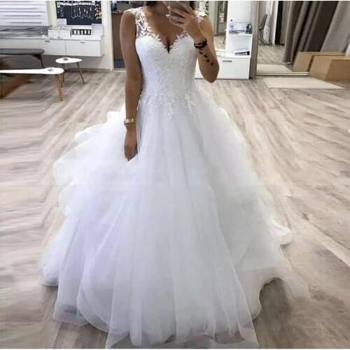 VENSANAC V Neck Lace Appliques Ball Gown Wedding Dresses Tiered Tulle Sleeveless Bridal Gowns