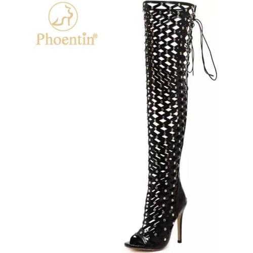 Over Knee Sexy summer Boots Women Fishing Net Shoe Nightclub super high thin Heels Fashion Rivet black peep toe shoes FT1505