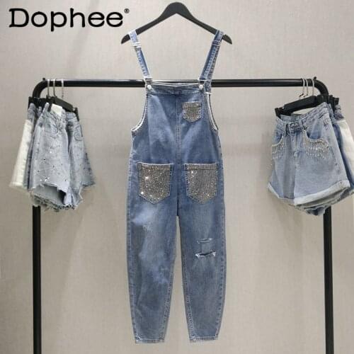 Fashion High Waist Denim Suspender Pants Women 2021 Spring/Summer New Pocket Rhinestone Jumpsuit Loose Leisure Ripped Playsuit