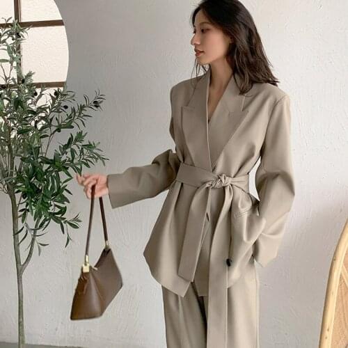 Se035 Two Piece Set Womens Casual Notched Single Button Lace-up Blazer Zipper Pencil Pants With Pockets Solid Color Loose Suit