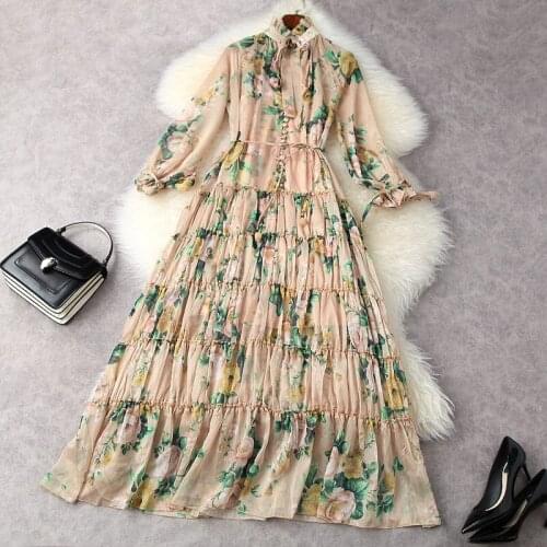 New Fashion Retro Women Long Dresses Single Button Casual Full Sleeves Spring Good Quality Chiffon Formal Lady Dress Vestidos