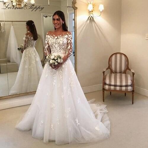 Lceland Poppy A-line Long Sleeves Wedding Dresses 2020 Elegant Floor Length Lace Appliques Vestido de Novia Bridal Gowns