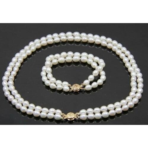 2 row Genuine Natural white oval freshwater 8-9mm pearl necklace 18" bracelet 8"