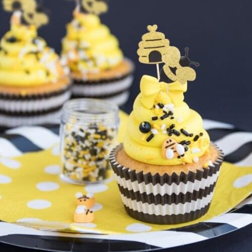 1set HoneyBee Cake Toppers Flash Honeycomb Confetti WoodenSticker for Baby Shower Sex Reveal Party Decoration Supplies