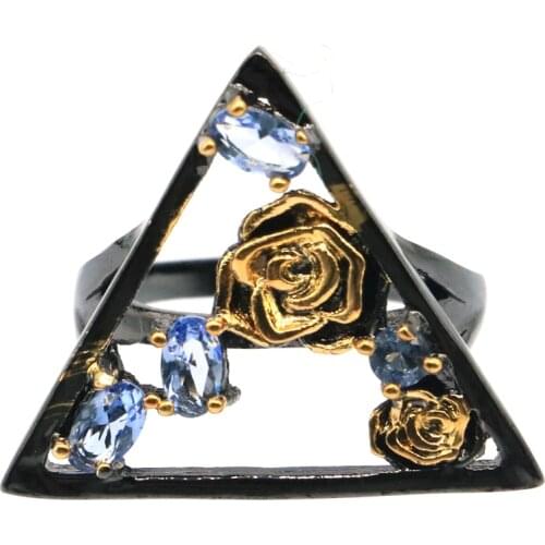 26x22mm Neo-Gothic Trangle Created Violet Tanzanite White Bright Cubic Zircon For Men Coolo Black Gold Silver Rings Punk Hollow