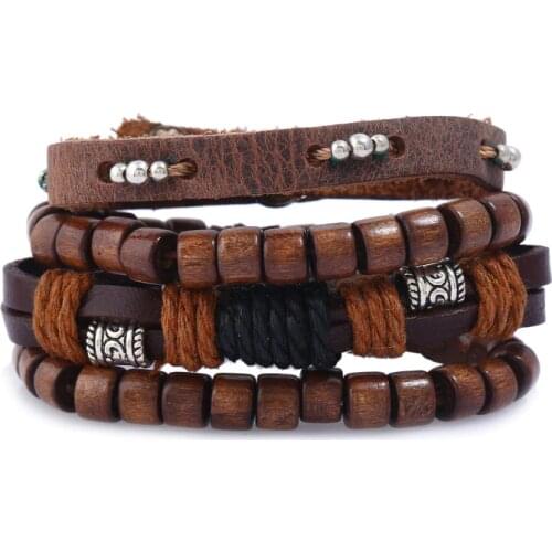 4PCS/Set Handmade Fashion Weave Boho Punk Dark Brown Leather Cord Wrap Bead Charm Wood Beads Layers Bracelets Man Jewelry
