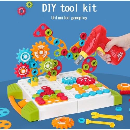 Analog Electric Drill Screw Toy Mosaic Art Tool Bag and Gear Construction Toy Nail Pegboard Puzzle Boy Gift