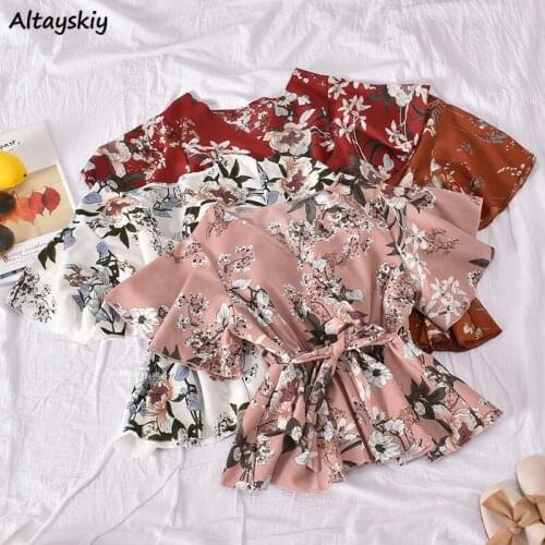 Blouses Women Colorful Sashes Female Harajuku Floral V-Neck Streetwear Batwing Sleeve Fashion Popular Elegant Summer Ulzzang New