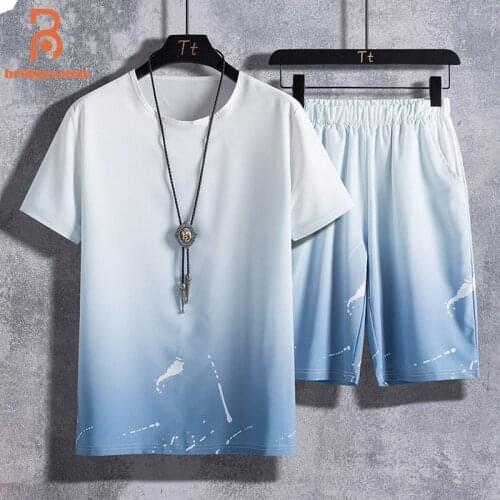 BRIDGEWATER Gradient Splash Ink Suit Men Summer Ice Silk Casual Sports Set Short Sleeved Top Half Length Pants Shorts Two Pieces
