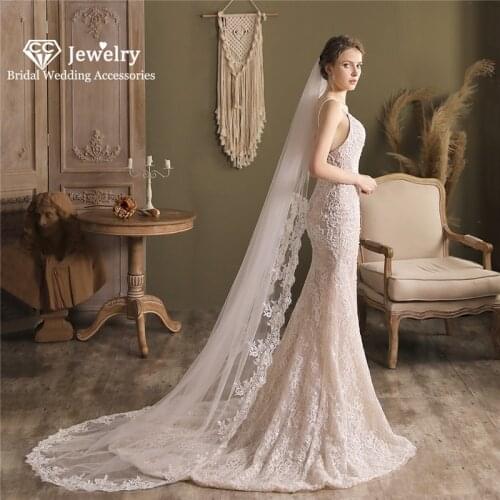 CC Chapel Veil Women Hair Accessories Wedding Hairwear Long Veils With Combs Appliqued Purfle One Layer Lace 100% Handmade V823