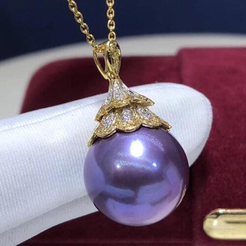 D513 Pear Pendant Fine Jewelry Solid 18K Gold Diamonds Round 14-15mm Nature Fresh Water Purple Pearls Pendants Necklaces Women