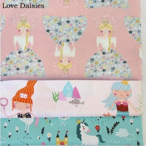 Cartoon PINK BLUE Princess Mermaid Girl Flower Unicorn Castle 100% Cotton Twill Fabrics For Kids Summer Apparel Dress Patchwork