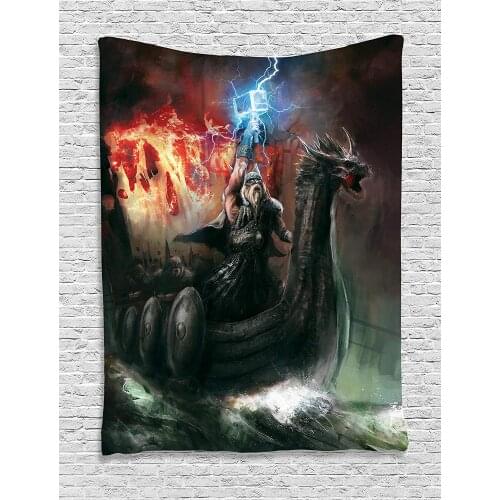 Dragon Tapestry Wrath Ship Vikings Dragon Boat with Head of Beast in the Storm Print Bedroom Living Room Dorm Wall Hanging
