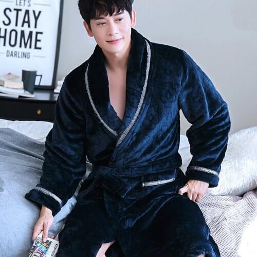 H5959 Men Robe Autumn Winter Thick Corals Velvet Nightwear Flannel Bathrobe Male Large Size Long Sleeve Comfortable Sleepwear