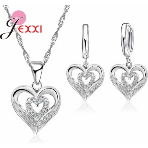 Latest Double Heart Necklace Earrings Sets Fashion Hollow Design 925 Sterling Silver Elegant Engagement Jewelry