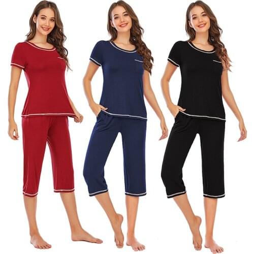 Spring Autumn Solid Color Short Sleeve Capris Suit Womens Pajamas Sets Trend Home Wear Modal Nightwear Womens Sleepwear