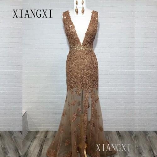 Brown Mermaid Evening Dress Deep V-Neck Sleeveless See Through Floor Length Evening Dresses Long Formal Party Gowns