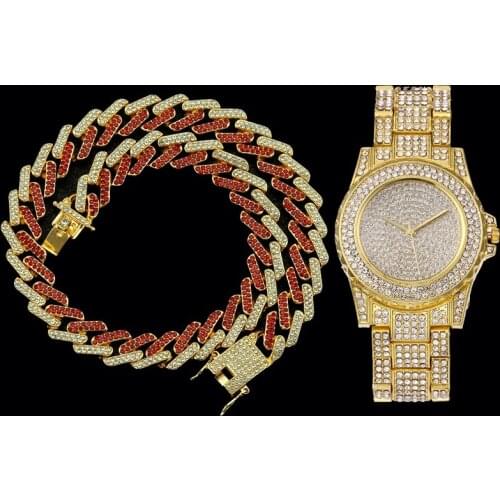 Iced Out Chain Necklace Watch Set Miami Cuban Link Men Chains Choker Rapper Hip Hop Necklace Jewelry Accessories Width 13mm New