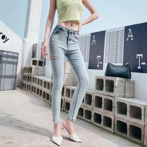Summer new street fashion womens jeans with washed holes and small feet, womens jeans with low waist and thin stretch pants