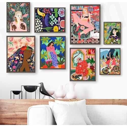 Moroccan Abstract Fashion Girl Poster Print Nordic Colorful Plants Canvas Painting Wall Art Pictures For Livingroom Unique Decor