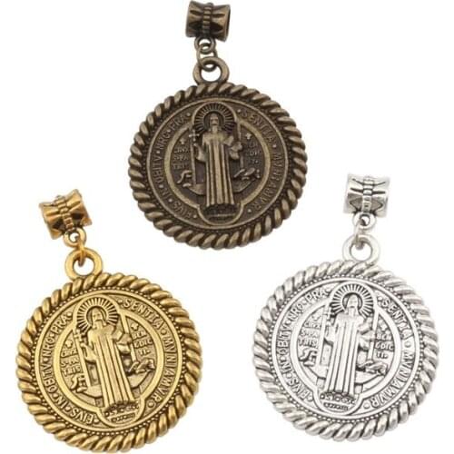 24pcs Zinc Alloy St Benedict DE Nursia Medal Dangle Charm Beads Fit Charm Necklace DIY Jewelry 31x46.5mm 3colors Optional