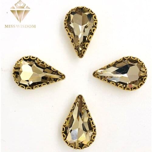 New hot 8X13mm Light coffee teardrop sew on rhinestones gold base with hole glass crystal pear shape rhinestone Diy accessories