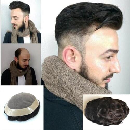 Black Color Fine Mono Base Human Hair Breathable Silk Toupee Men Capillary Prosthesis Man Wigs Poly Skin Around Natural Hairline