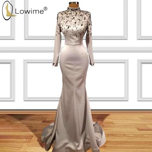 Muslim Long Sleeve High Neck Evening Dresses Crystal Mermaid Sweep Train Prom Party Dress Robes De Soiree