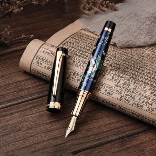 18k Gold Plate Fountain Pen with Leather Pouch Floral Printing Luxury Pens for Gift EF / Bent Tip for Choose Writing Stationery