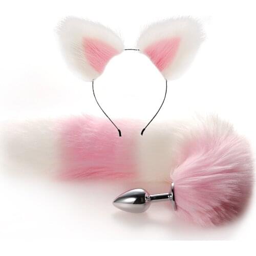 Sex Toy Cute Soft Cat Ears Headbands 40cm Fox Tail Bow Metal Butt Anal Plug Erotic Cosplay Accessories