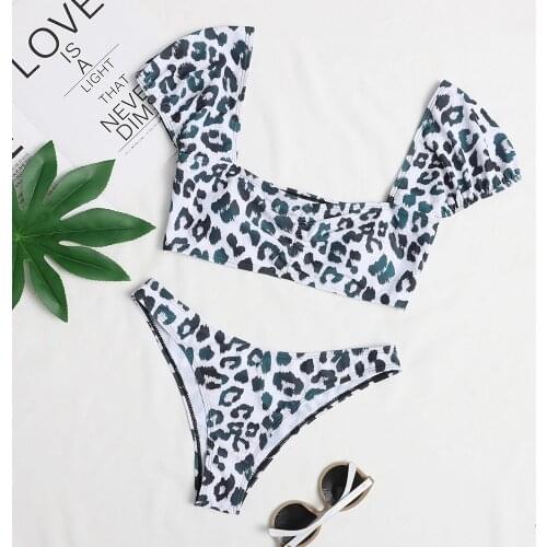 Sexy Short Sleeve Leopard Two Piece Swimsuit Women Bandeau Push Up Bikini Set Swimwear Bathing Suit Beach Wear Female Biquini