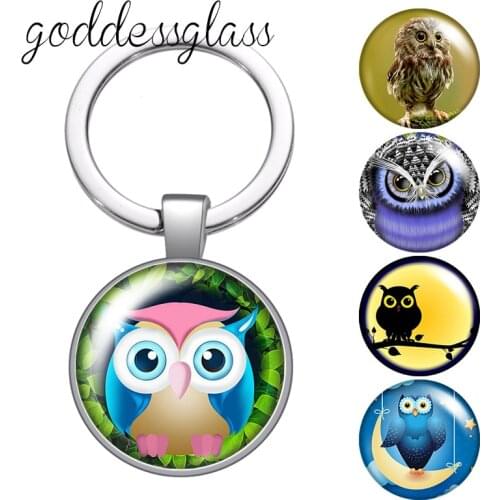 Cute Owl Love animals prophecy wisdom Round glass cabochon keychain Bag Car key chain Ring Holder Charms keychains Gifts