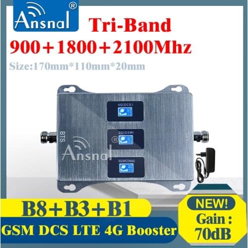 1PCS 900 1800 2100Mhz Tri-Band 4G Cellular Amplifier 70dB gsm Repeater 2g 3g 4g Mobile Signal Booster GSM DCS LTE 4G Repeater