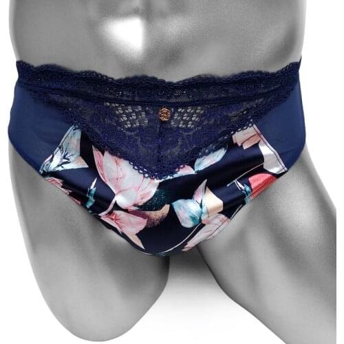 Lacework Sexy Sissy Briefs Panties Mens Underwear Satin Patchwork Floral printed See through Gay Lingerie Sissy Panties