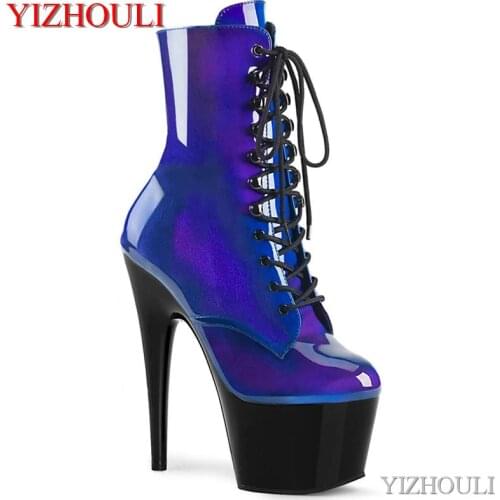 17cm high heel, low barrel dinner boots, 7in round head, magic color vamp ankle boots.High heels on the nightclub stage