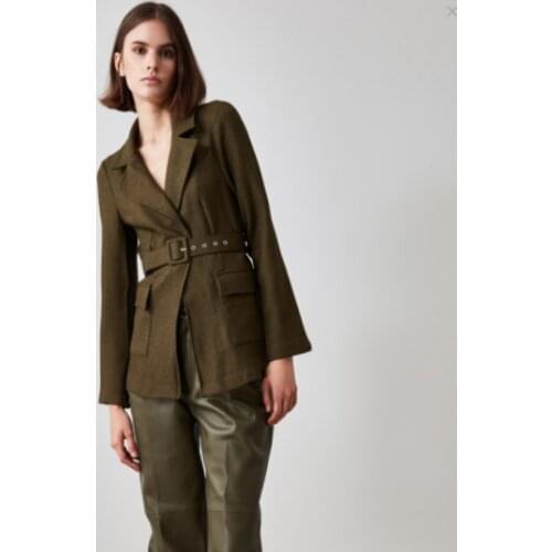 Women New Long-sleeved Green Coffee Belt Blazer Jacket With Pocket Fabric Elegant Style Fashion Coat Office Wear