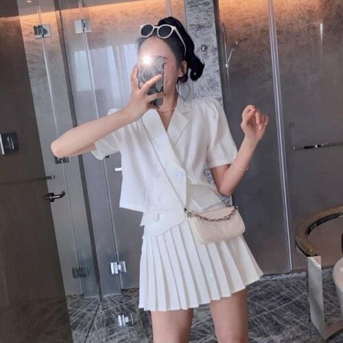 2021 High Quality Summer Fashion White BLAZER and Skirt 2 Piece Set Women Double-Breasted Slim Short Coat Top+Pleated Skirt Sets