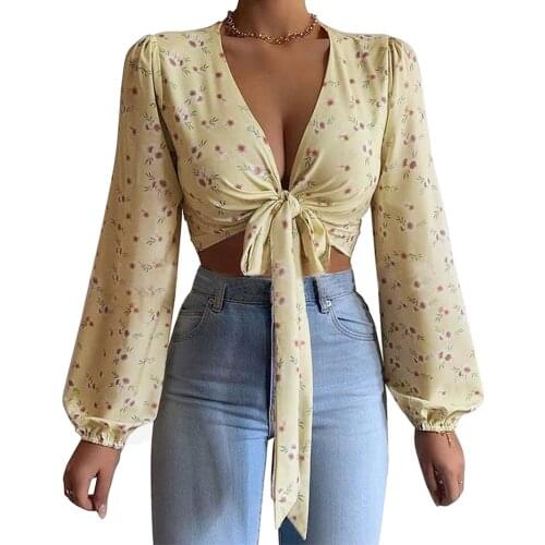 Ladies Sexy V-neck Tops Autumn Women Temperament Floral Printing Tie Up Puff Long Sleeve Slim Midriff-baring Base Shirt