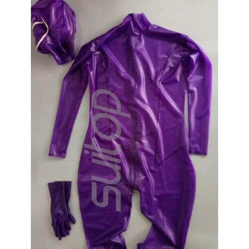 Womens rubber catsuit (whole sets) latex bodysuits in trasparent purple with back zip to crotch nurse