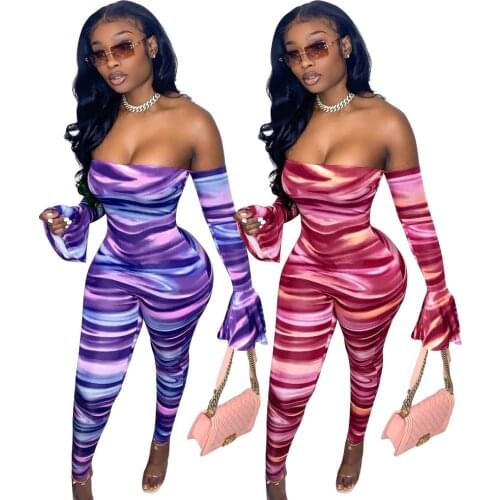 Colorful Digital Print Flare Long Sleeve Women One Slash Skinny Bodysuits