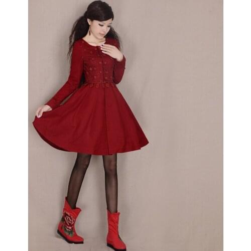 2018 Autumn Winter Women Coat Vintage Retro Elegant Lace patchwork Woolen Midi Outerwear Coat