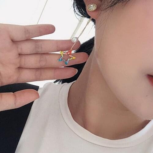 2 Pcs/Set GlamourWomen Earrings Pentagram Heart Crystal Pearl Fringe Pendant Gold Long Stud Earring Set Female Party Jewelry