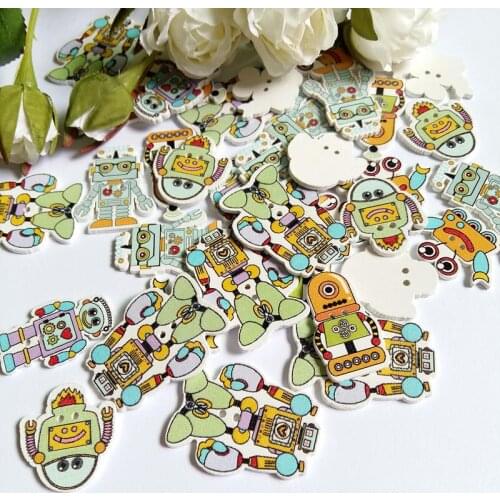 50Pc/lots Robot shape Scrapbooking Buttons Wooden Buttons Sewing Accessories 2 Holes Mixed Wood Decorative Sewing Buttons