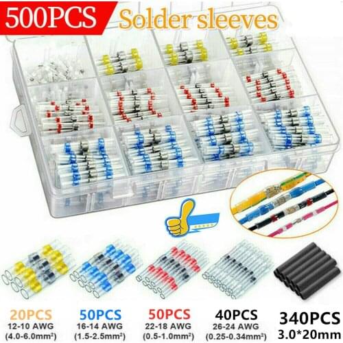 500Pcs Heat Shrink Butt Crimp Terminals Waterproof Solder Seal Electrical Connectors Wire Cable Splice Kit Automotive Marine