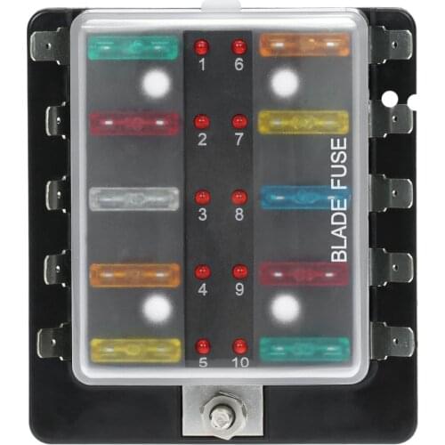10 Way Blade Fuse Box Holder with LED Warning Light Kit for Car Boat Marine Trike 12V 24V